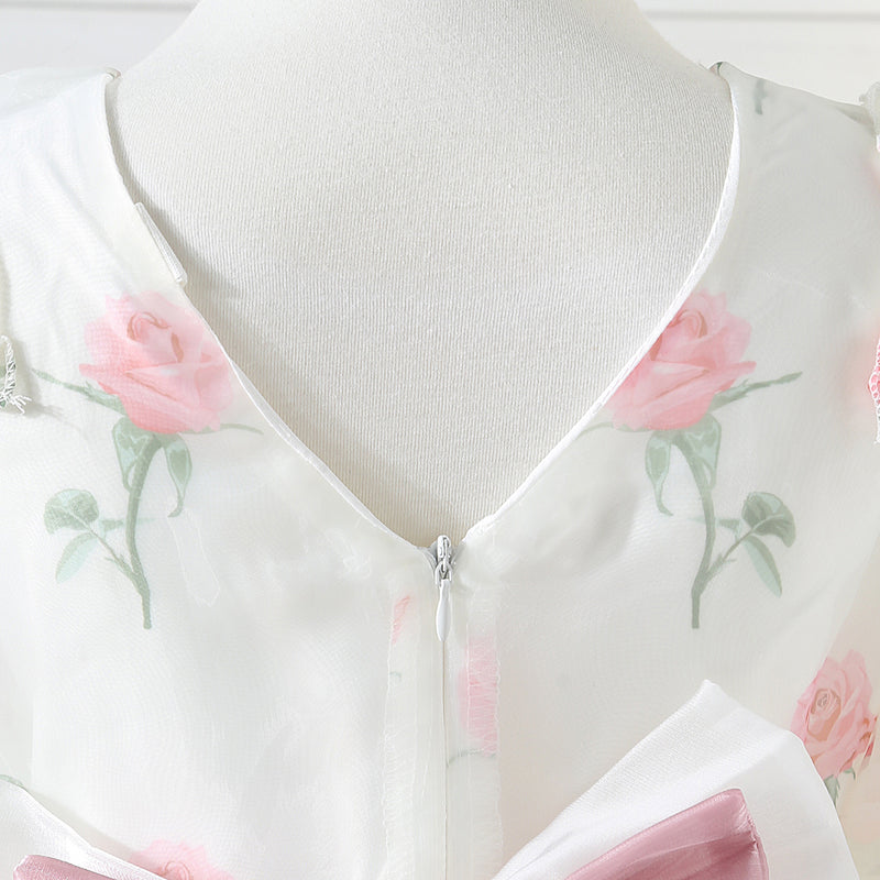 Girls White Floral Printed Party Dress with Statement Back Bow Party Dresses
