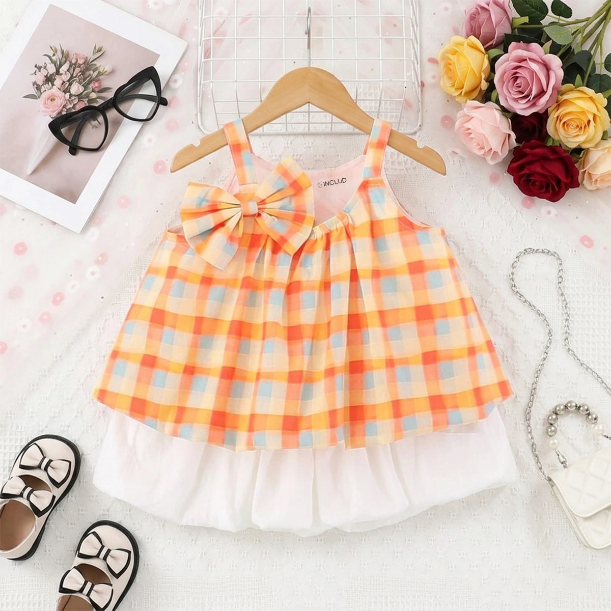 Girls Orange Checked Top With Shorts Sets Sets Orange 1-2 Y