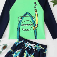 Boys Green Shark Printed Long Sleeves T-Shirt & Shorts Swimsuit Sets Sets