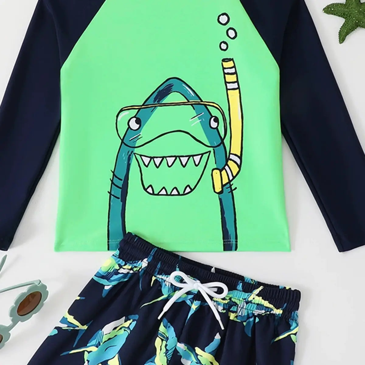 Boys Green Shark Printed Long Sleeves T-Shirt & Shorts Swimsuit Sets Sets