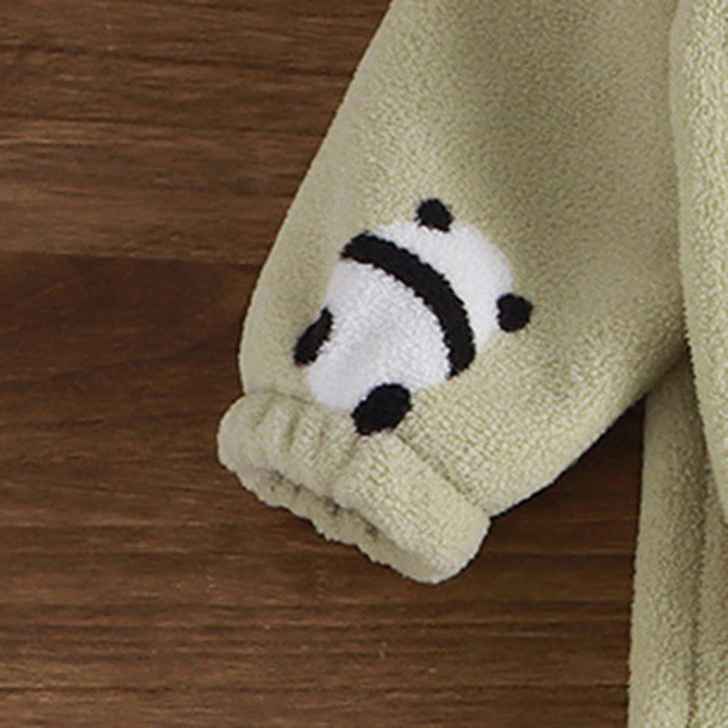Boys Light Green Fleece Panda Cartoon Printed Zip-up Jacket With Jogger Co-ord Sets Sets