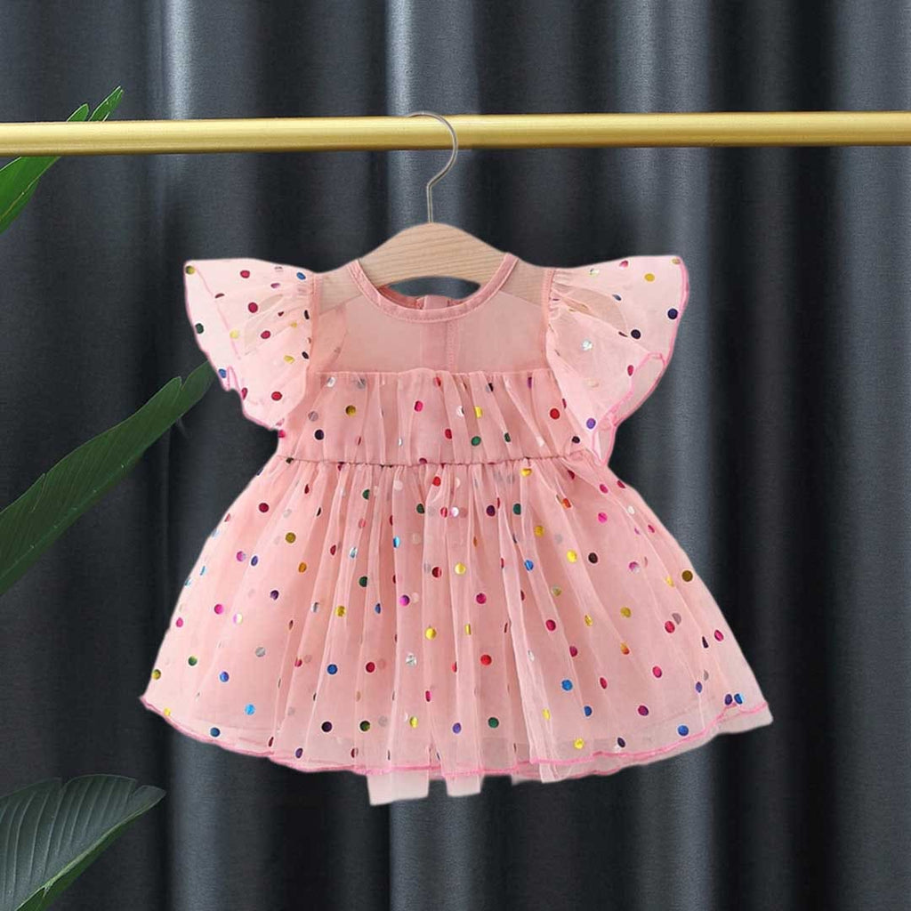 Girls Foil Polka Dot Print Fit & Flare Casual Dress Casual Dresses Pink 1-2 Y 