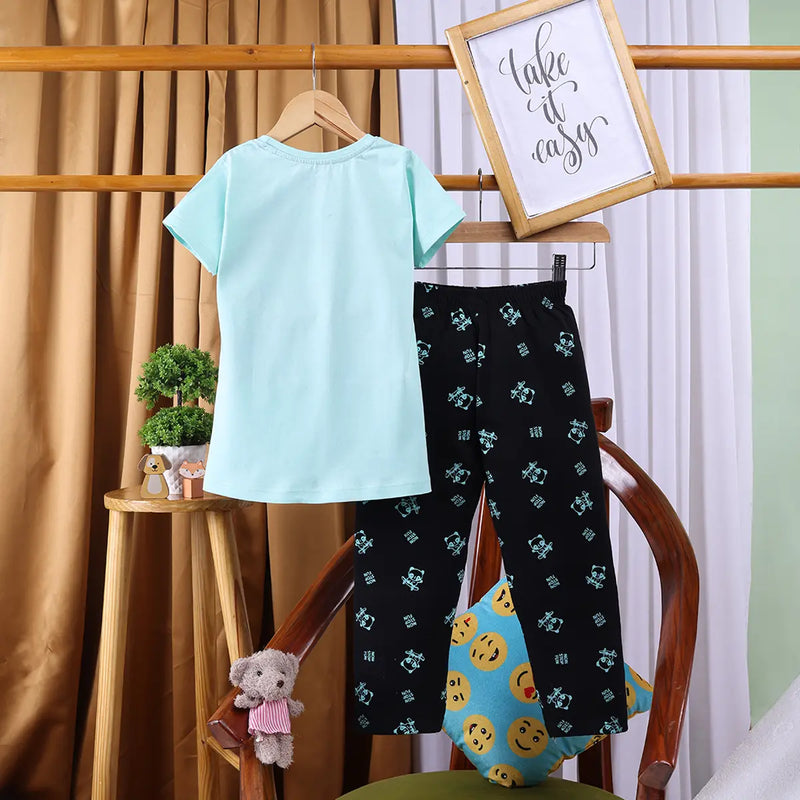 Girls Light Green Typographic Printed Short Sleeve T-shirts With Elasticated Legging Sets Sets