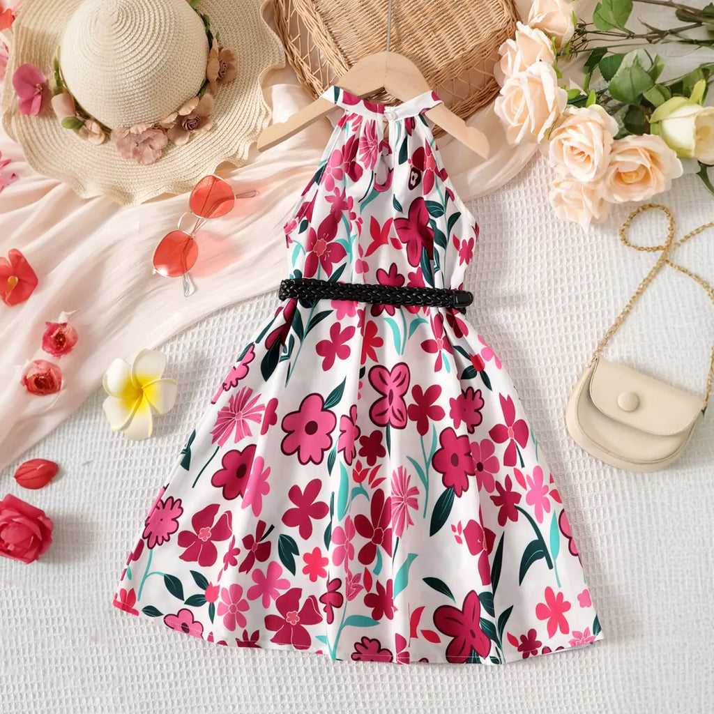 Girls Pink Floral Printed Halter Neck A-line Dress Casual Dresses