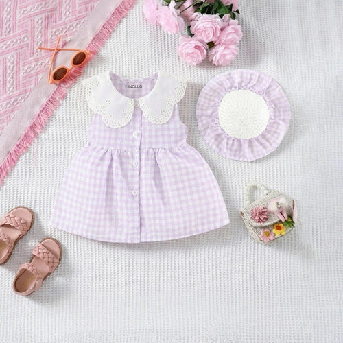 Girls Purple Checked Eyelet Peter Pan Collar Dress With Hat Casual Dresses Purple 1-2 Y