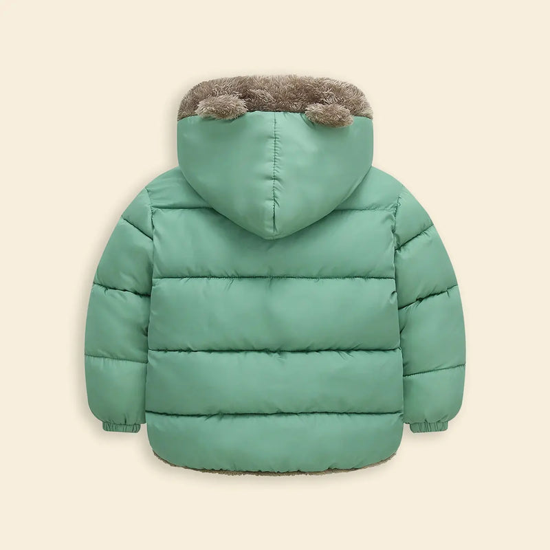 Boys Green Zip-up Puffer Jacket With Bear Ear On Hood Coats & Jackets