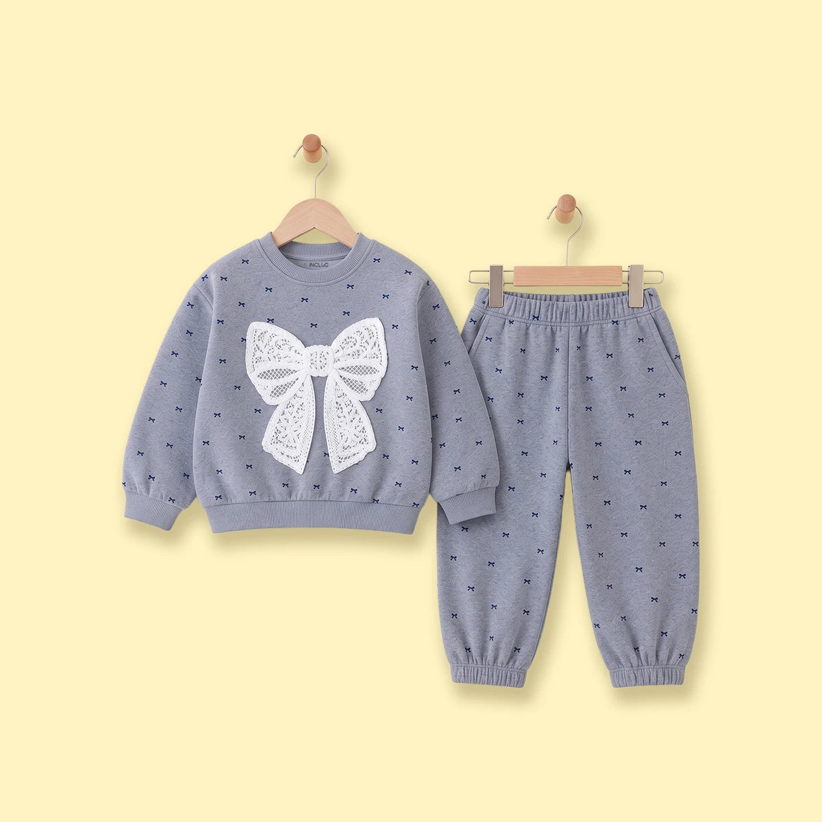 Girls Grey Bow Printed Sweatshirt & Pants Co-ord Sets Sets Grey 1-2 Y