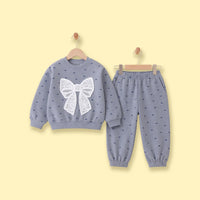 Girls Grey Bow Printed Sweatshirt & Pants Co-ord Sets Sets Grey 1-2 Y