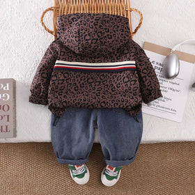 Boys Brown Animal Print Hooded Jacket with T-shirt & Jeans Set Sets