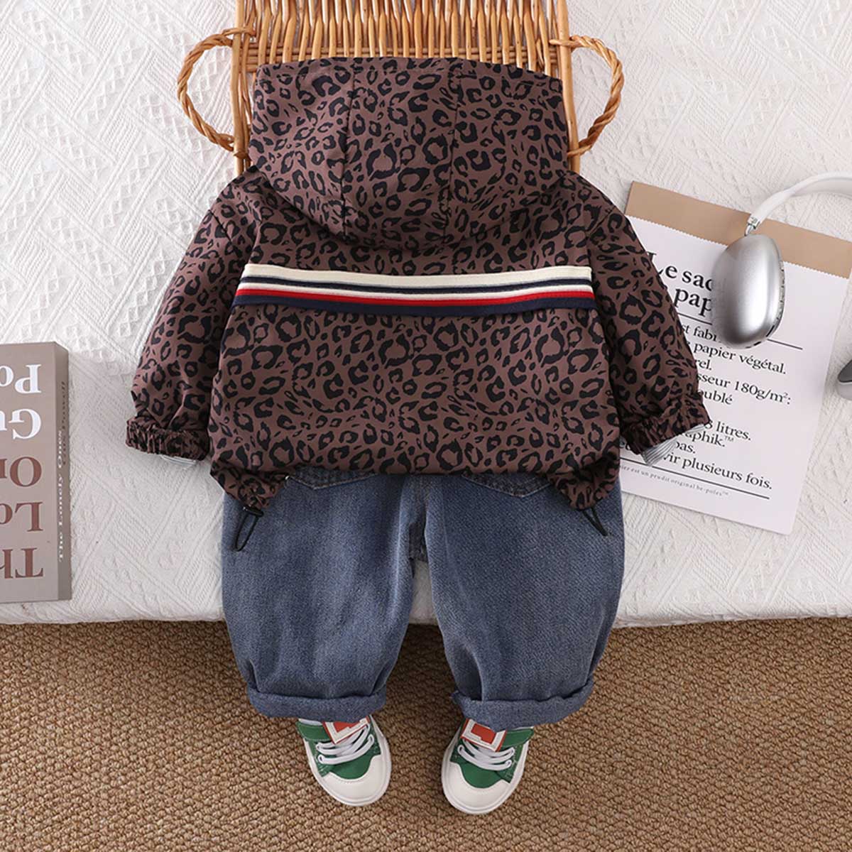 Boys Brown Animal Print Hooded Jacket with T-shirt & Jeans Set Sets