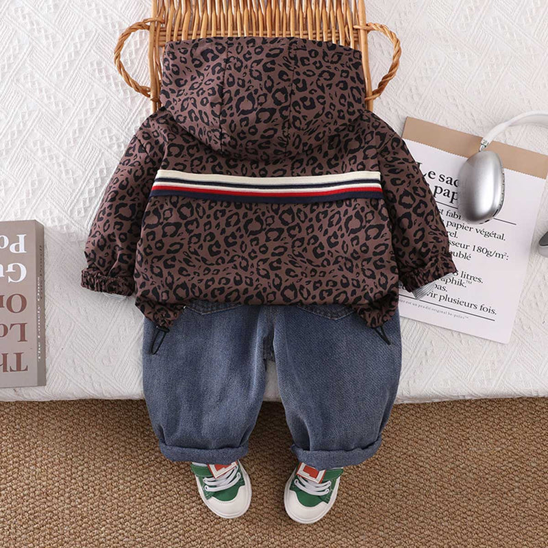 Boys Brown Animal Print Hooded Jacket with T-shirt & Jeans Set Sets