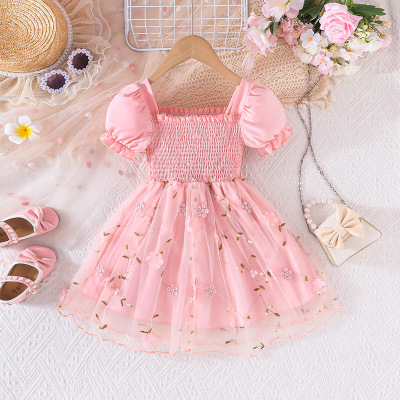 Girls Pink Flower Applique Puff Sleeve Fit & Flare Dress Casual Dresses