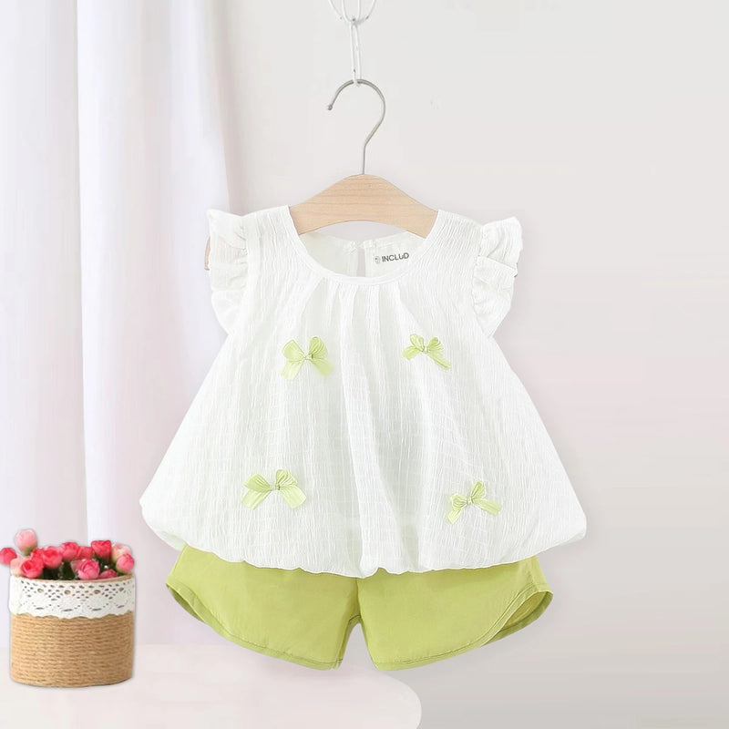 Girls White Textured Sleeveless Top With Elasticated Shorts Sets 2 pc. Sets White 1-2 Y