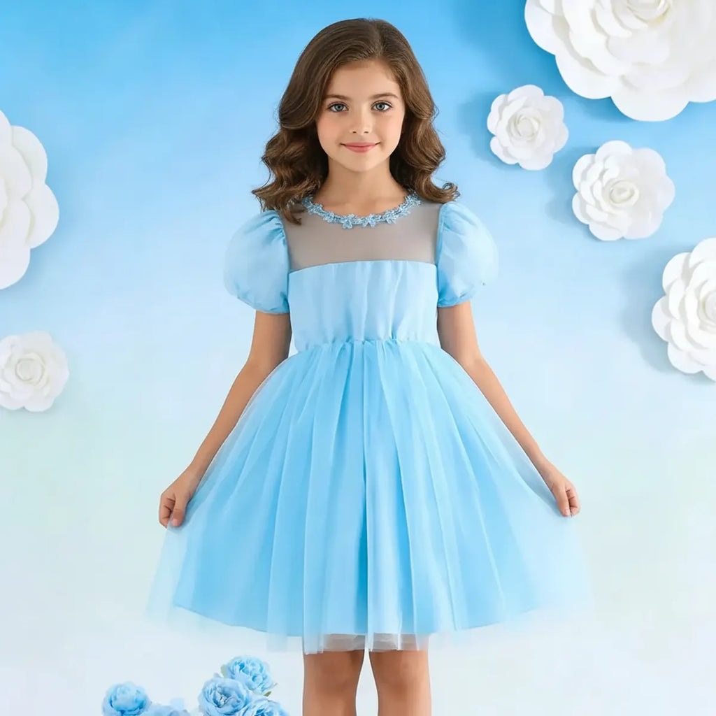 Girls Light Blue Tulle Overlay Fit & Flare Dress With Puff Sleeves Casual Dresses