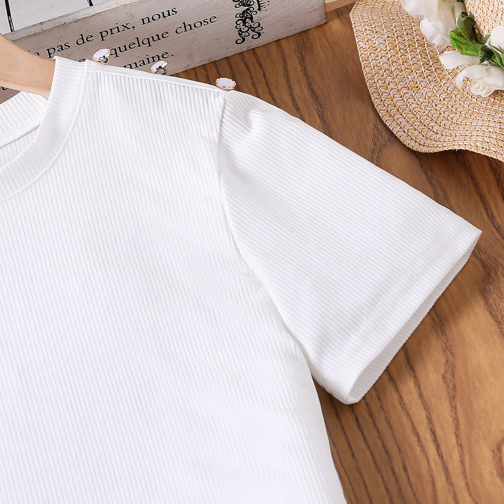 Girls White Short Sleeve T-Shirt With Elasticated Layered Skirt Set 2 pc. Sets