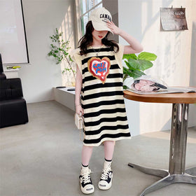 Girls Striped Heart Print Caps Sleeves A-Line Dress Casual Dresses Black 6-7 Y 