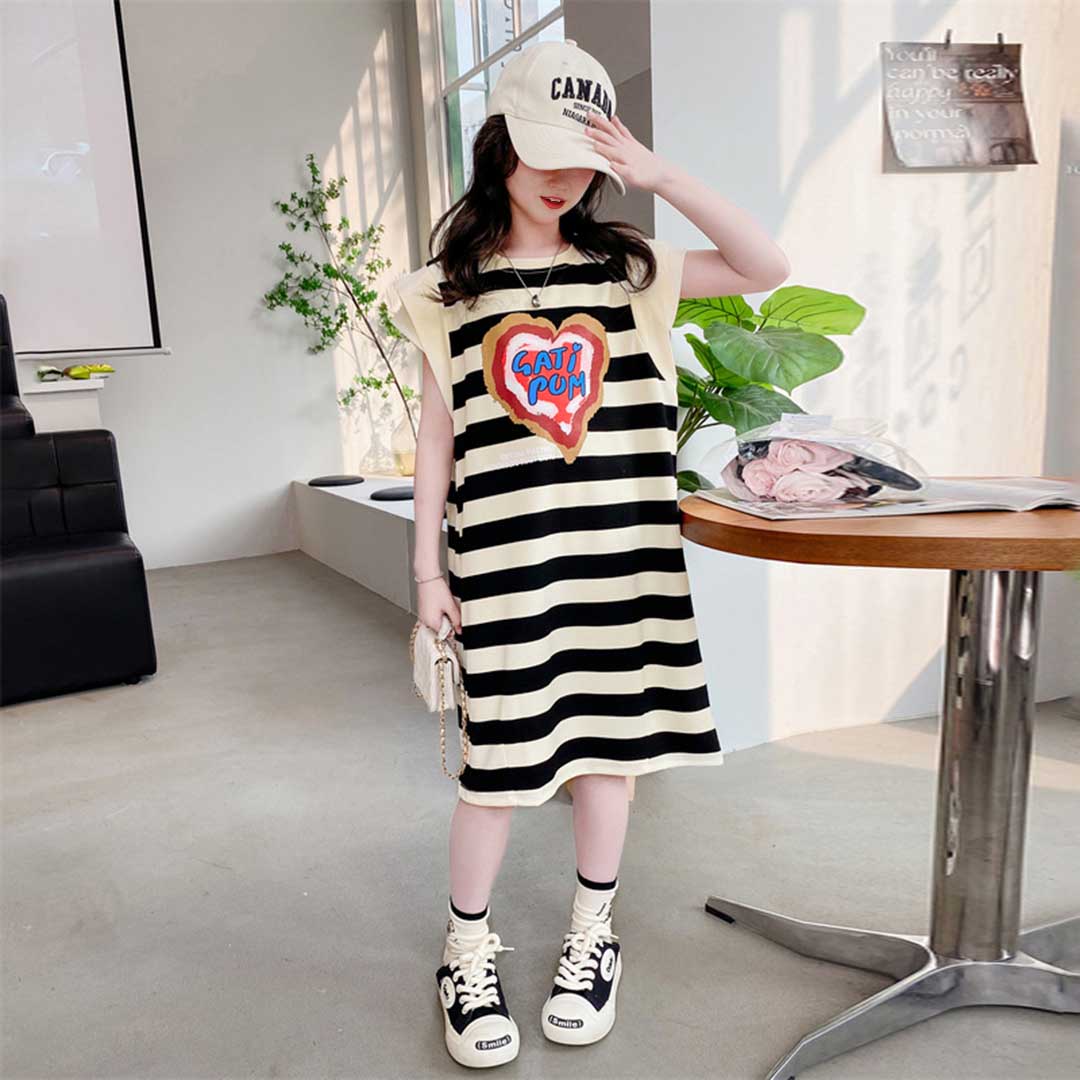 Girls Striped Heart Print Caps Sleeves A-Line Dress Casual Dresses Black 6-7 Y 