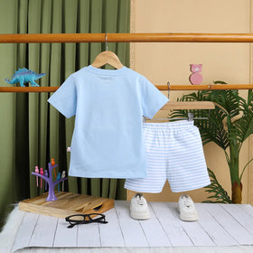 Boys Sky Blue Animal Graphics Short Sleeve T-Shirt With Striped Drawstring Shorts Sets Sets