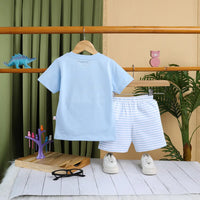 Boys Sky Blue Animal Graphics Short Sleeve T-Shirt With Striped Drawstring Shorts Sets Sets