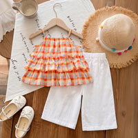 Girls Multicolour Checked Sleeveless Peplum Top With Crop Pants Sets 2 pc. Sets