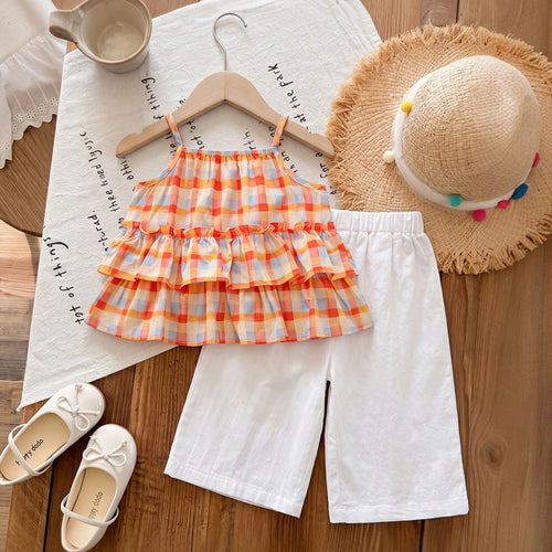 Girls Multicolour Checked Sleeveless Peplum Top With Crop Pants Sets 2 pc. Sets