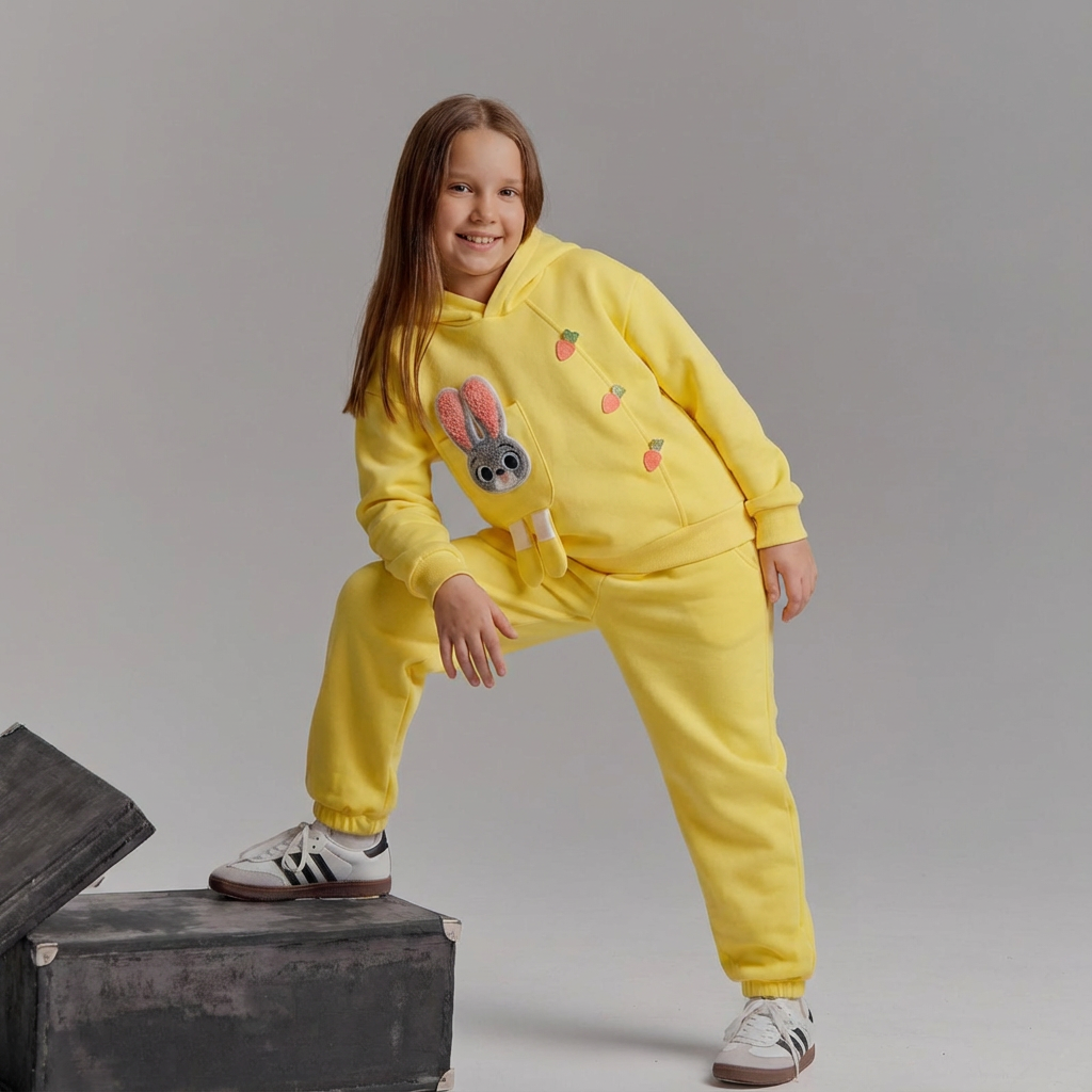 Girls Yellow Solid Rabbit Applique Hooded Sweatshirt With joggers Set 2 pc. Sets Yellow 1-2 Y