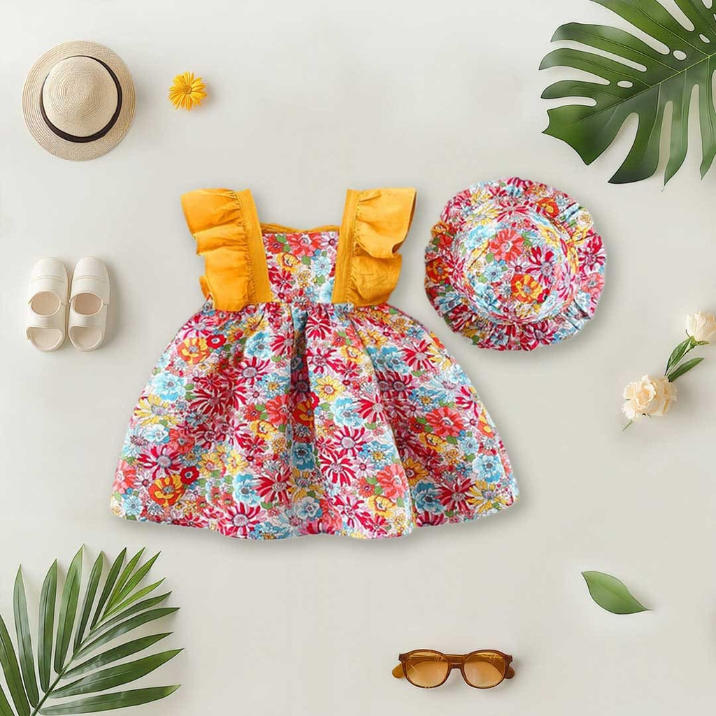 Girls Floral Print Casual Ruffle Dress with Hat