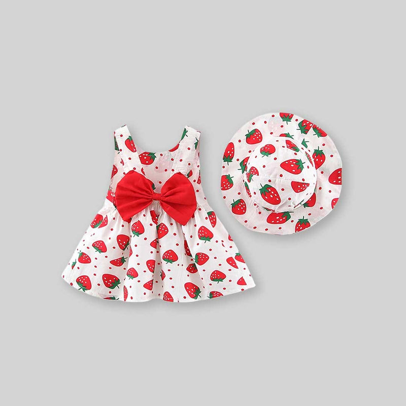 Girls Strawberry Print Casual Dress with Hat Casual Dresses   