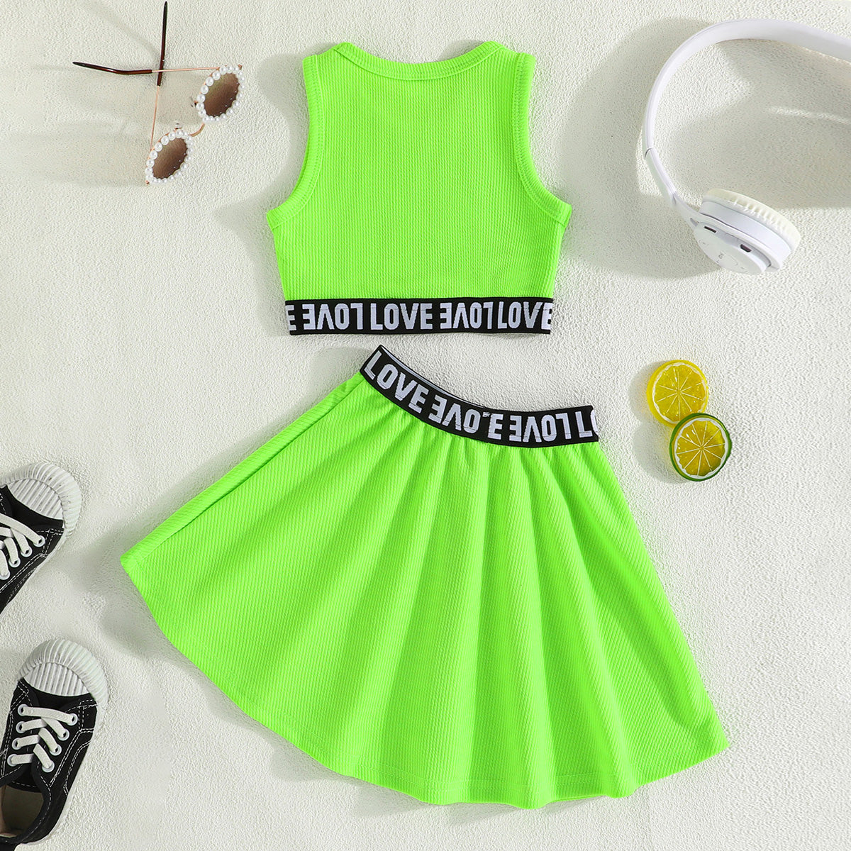 Girls Neon Green Sleeveless Crop Top With Flared Skirt Set 2 pc. Sets
