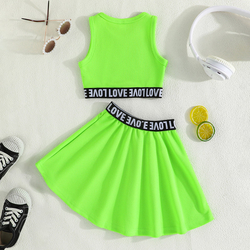 Girls Neon Green Sleeveless Crop Top With Flared Skirt Set 2 pc. Sets