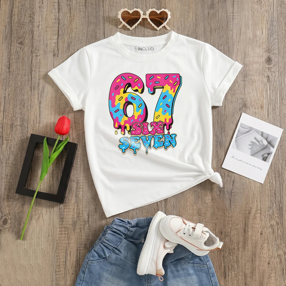 Girls White Alphanumeric Print Short Sleeve T-Shirt Tshirts White 2-3 Y