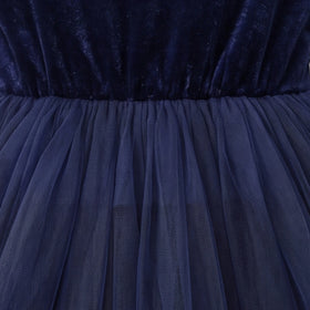 Girls navy blue party dress with puff sleeves and bow