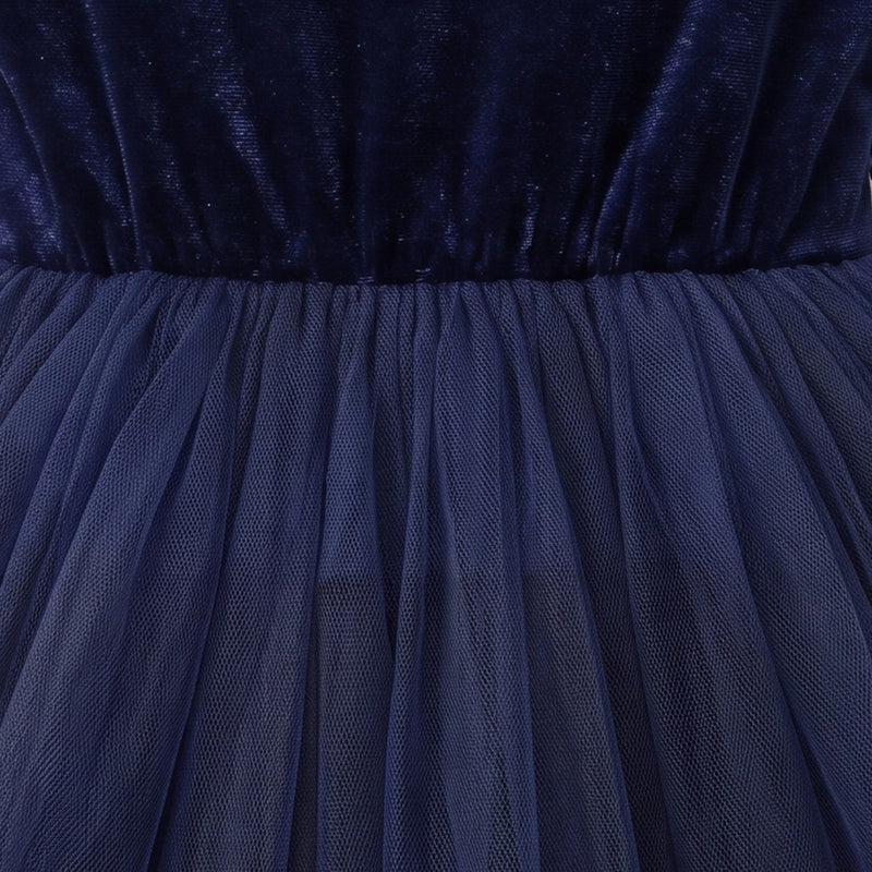Girls navy blue party dress with puff sleeves and bow