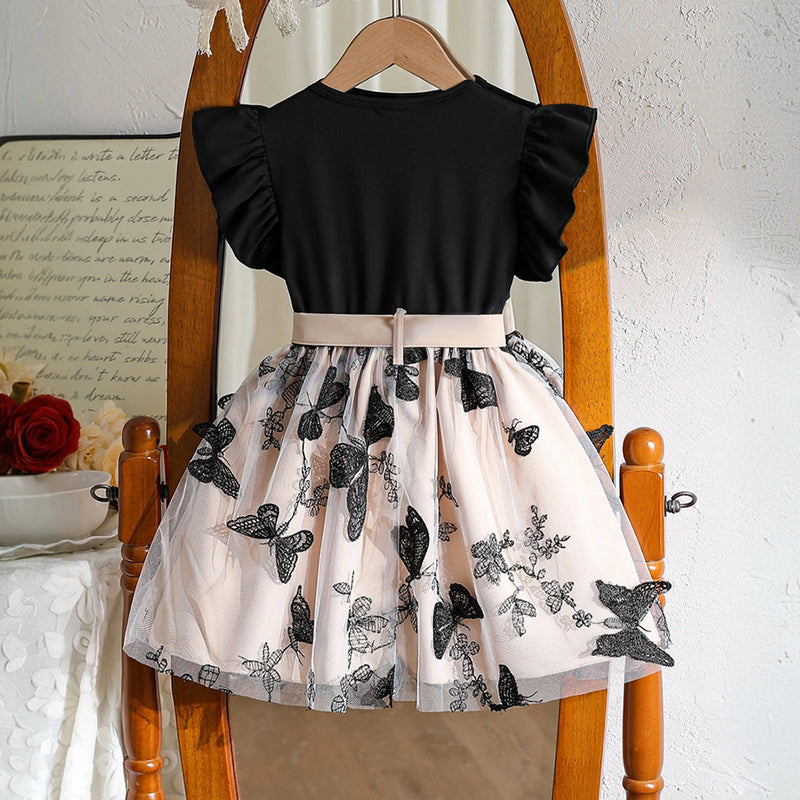 Girls Black Embroidered Tulle Overlay Fit & Flare Dress Casual Dresses