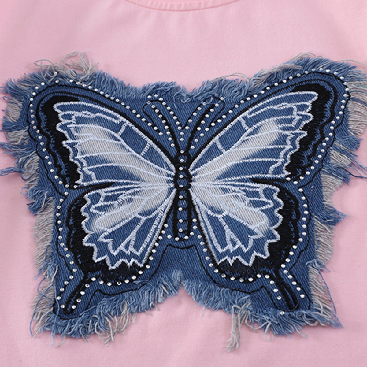 Girls Pink Butterfly Applique T-Shirt With Pleated Denim Shorts Set Sets