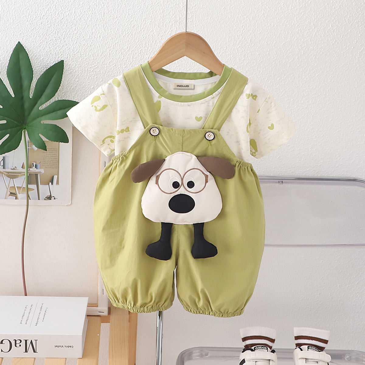 Boys Printed Short Sleeves T-Shirt With Green Dog Applique Dungaree Set 2 pc. Sets Green 1-2 Y