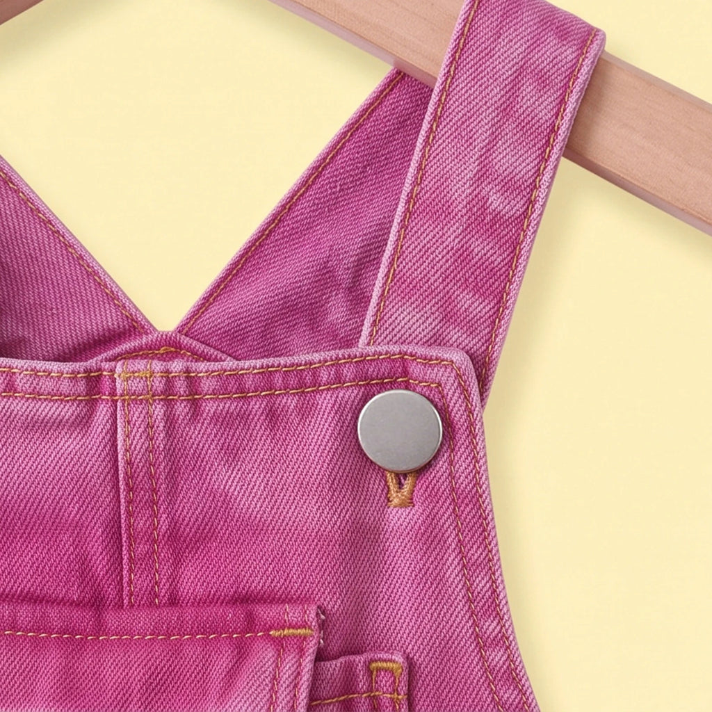 Girls Fuchsia Denim Bow Applique Dungaree Jumpsuits