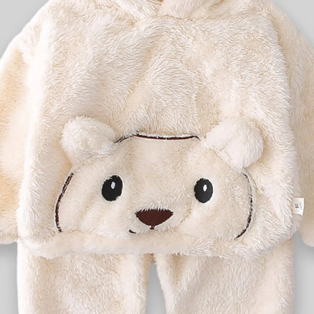Boys Off White Fleece Bear Themed Hoodie With Jogger Sets Sets