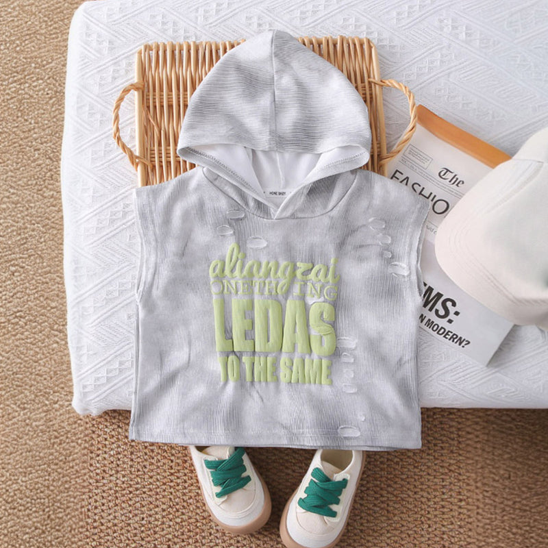 Boys Grey Typographic Hooded Sweatshirt With T-Shirt And Denim Trousers Sets 3 pc. Sets