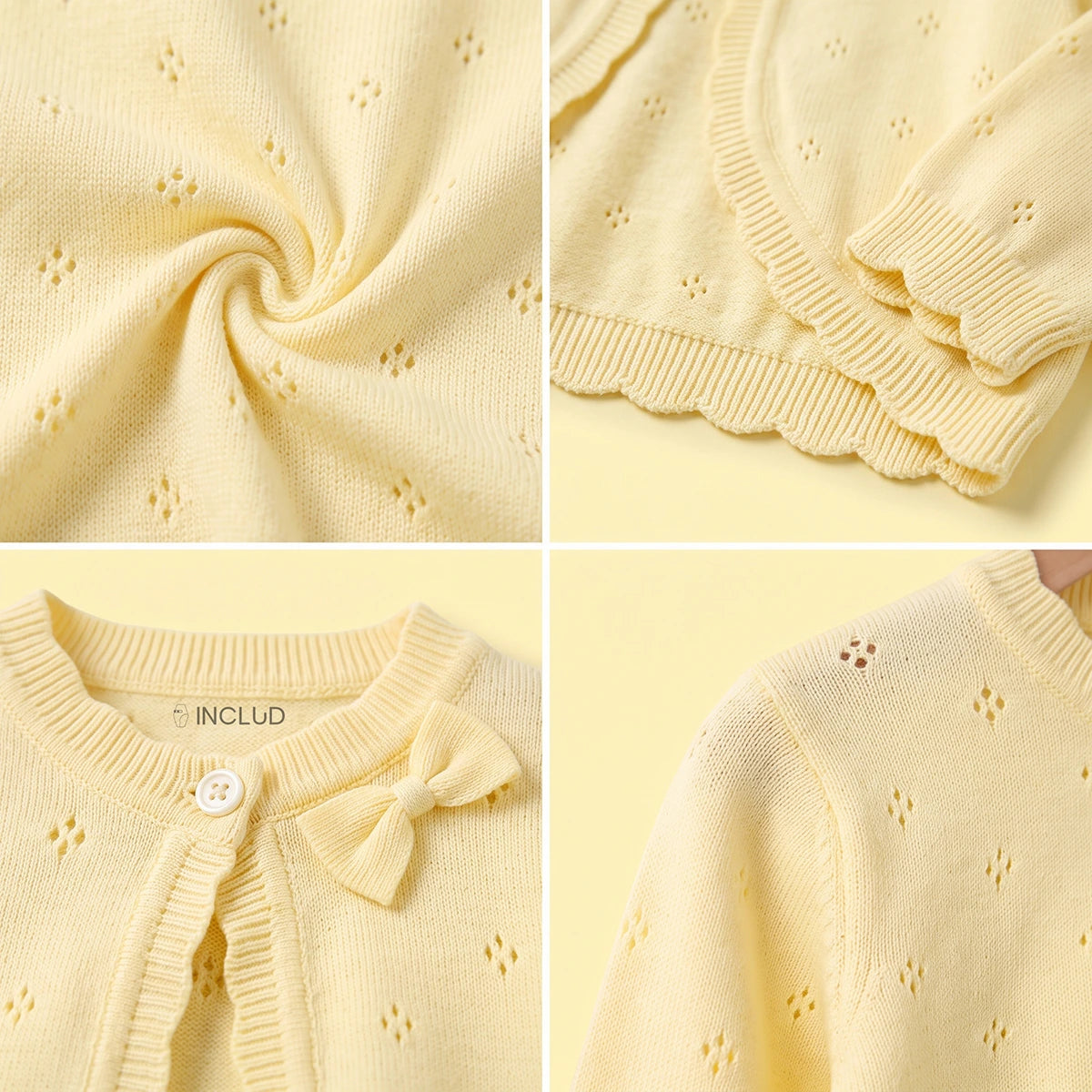 Girls Yellow Eyelet Bow Applique Cardigan Sweaters & Cardigans
