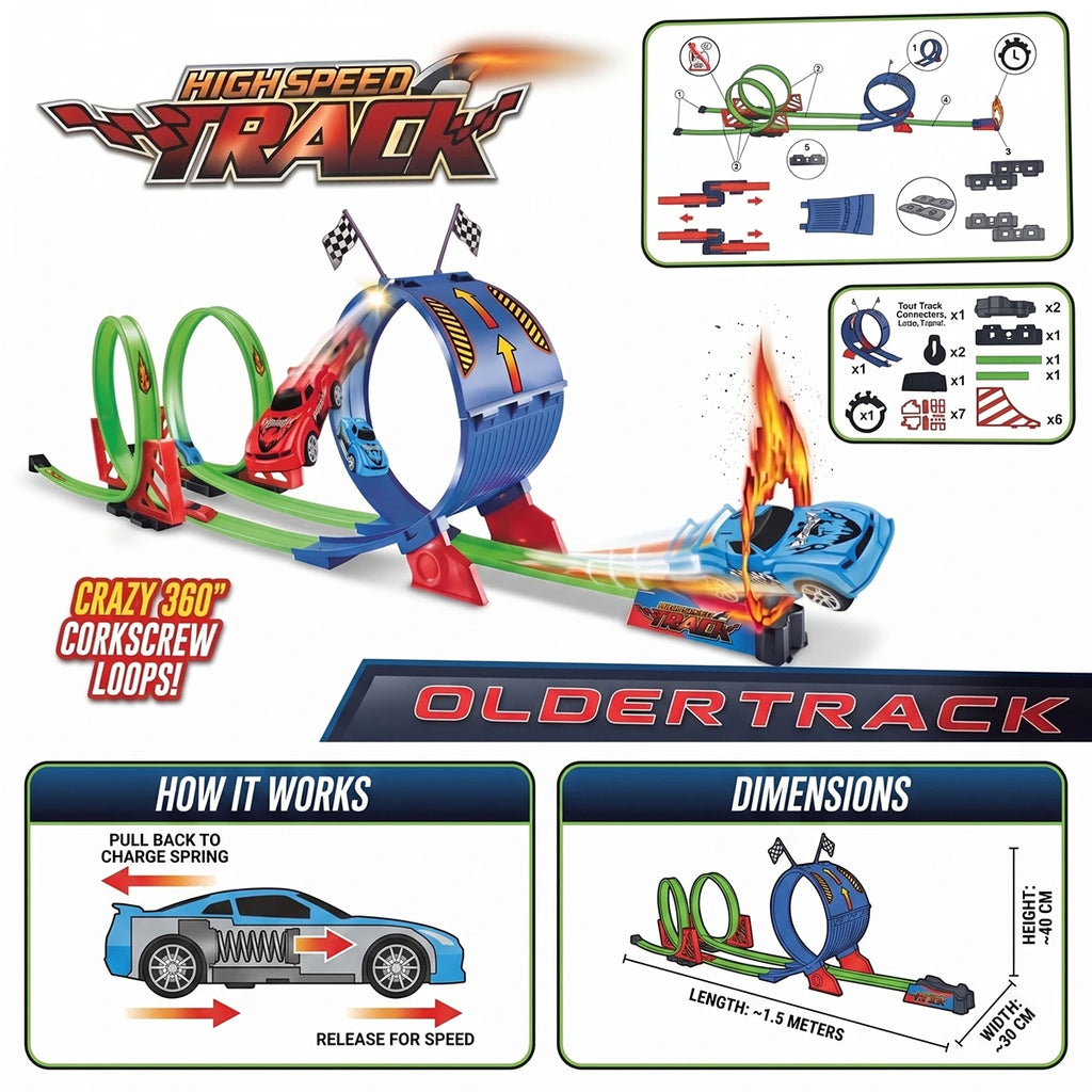 Unisex multicolor racing track toy set with 360 corkscrew loops and miniature cars.