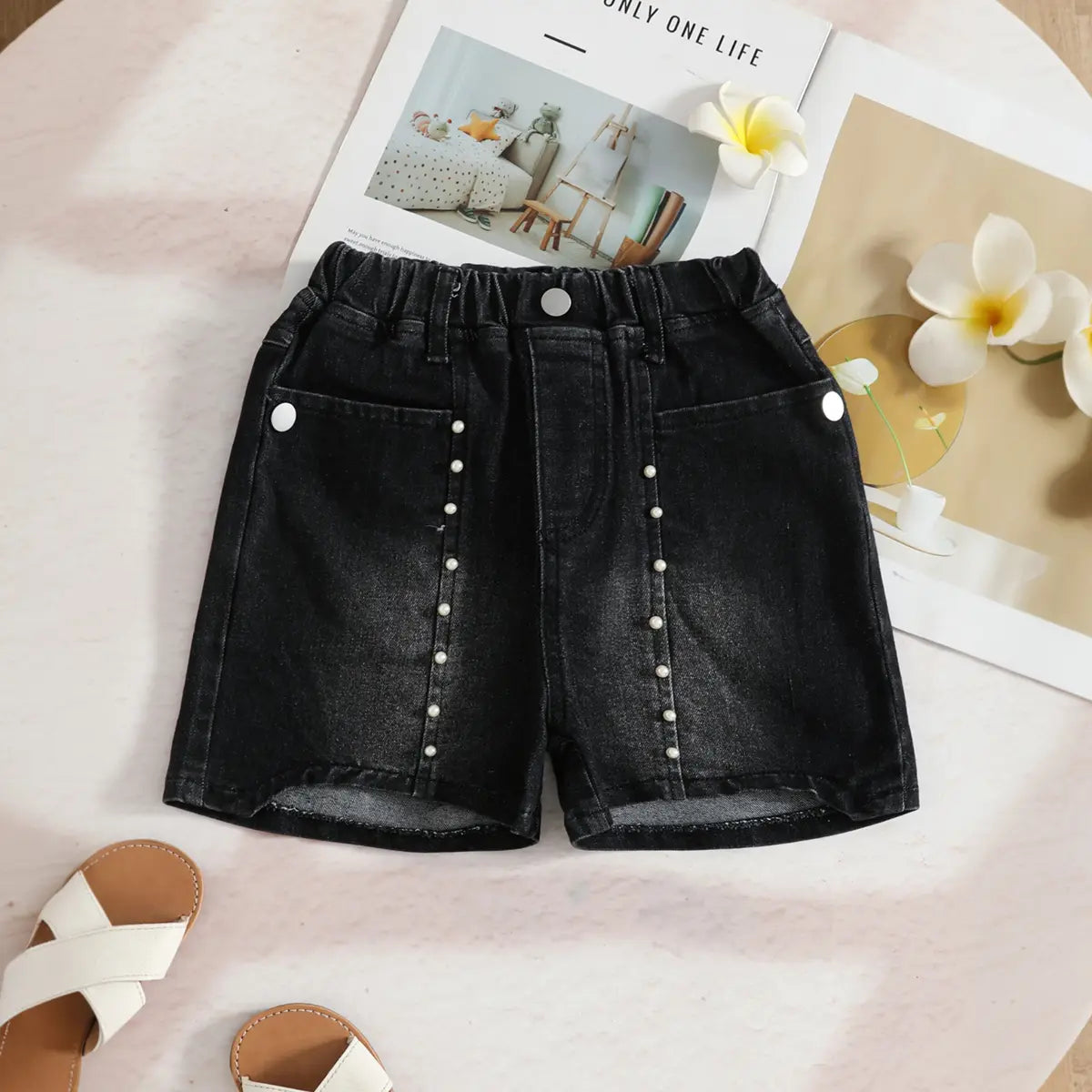 Girls White Butterfly Applique Sleeveless Top With Embellished Denim Shorts Set Sets