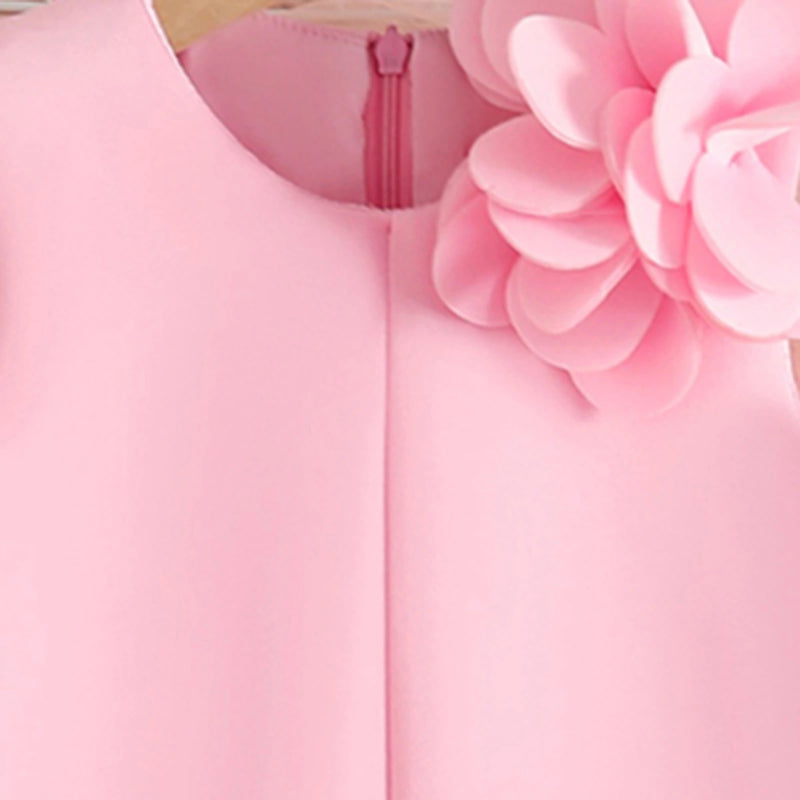 Girls Pink Solid A-line Party Dress With Flower Appliques Party Dresses