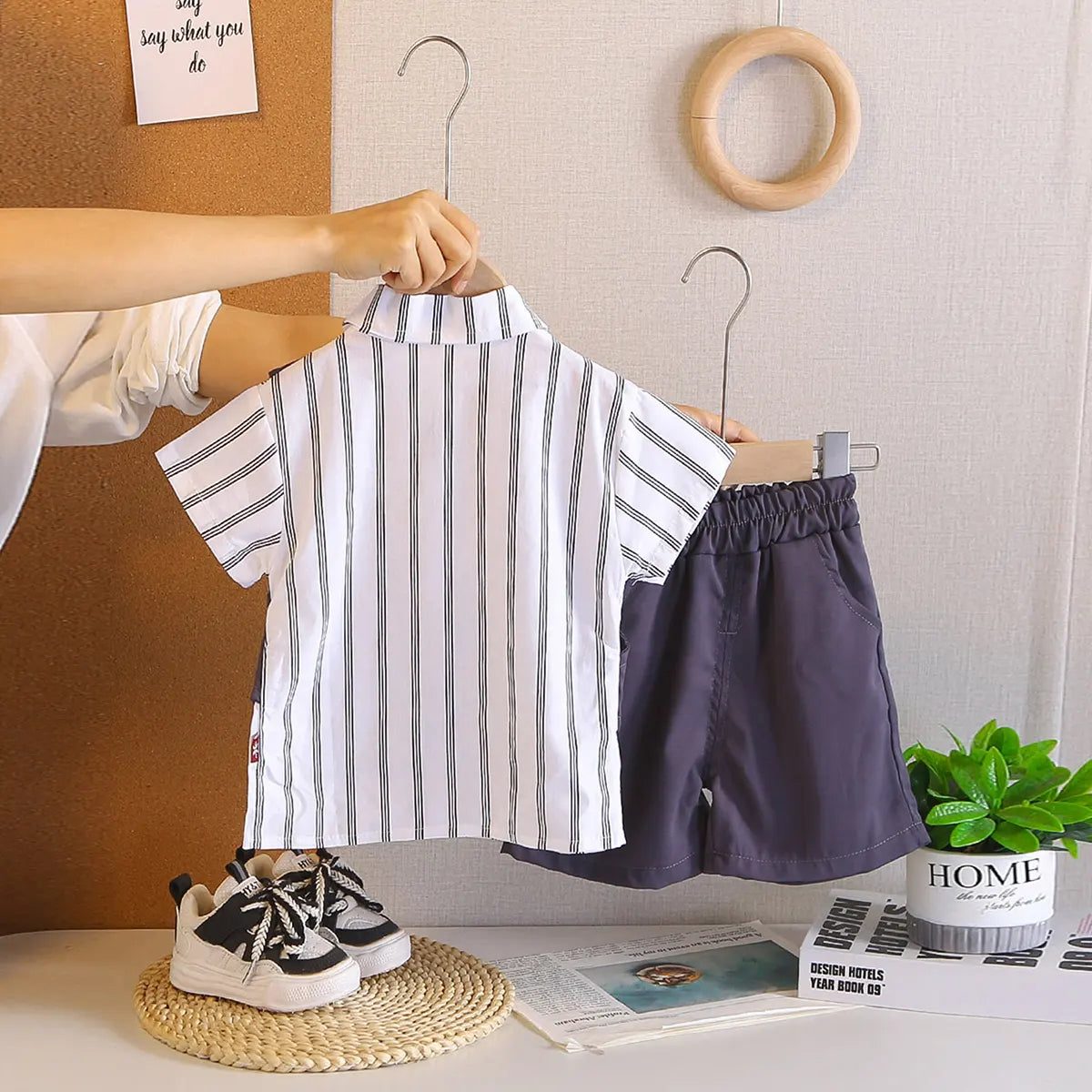 Boys Grey Stripes Attached Front Waistcoat Shirt With Shorts Sets Sets