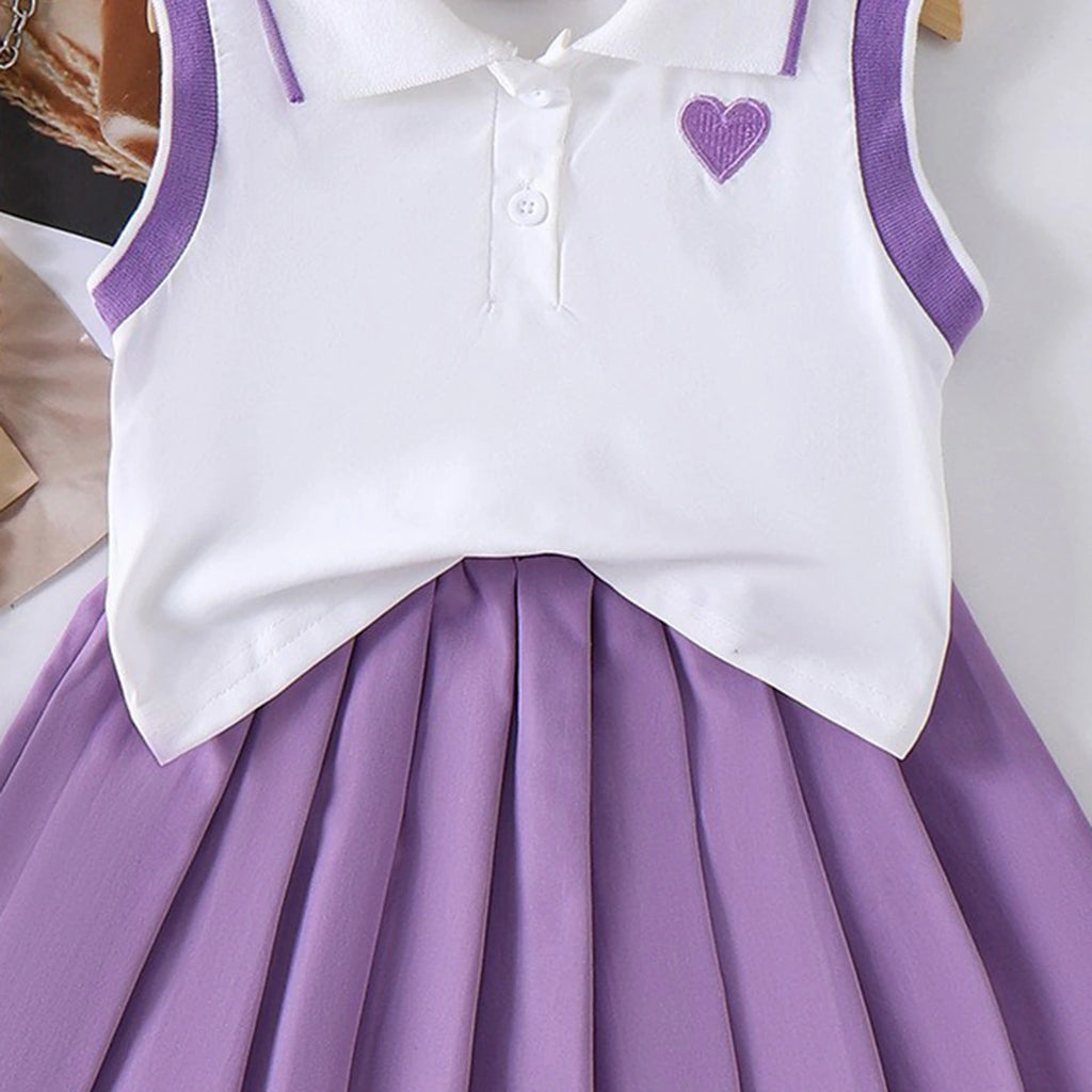 Girls Heart Embroidered Polo Top With Purple Pleated Skirt Sets 2 pc. Sets