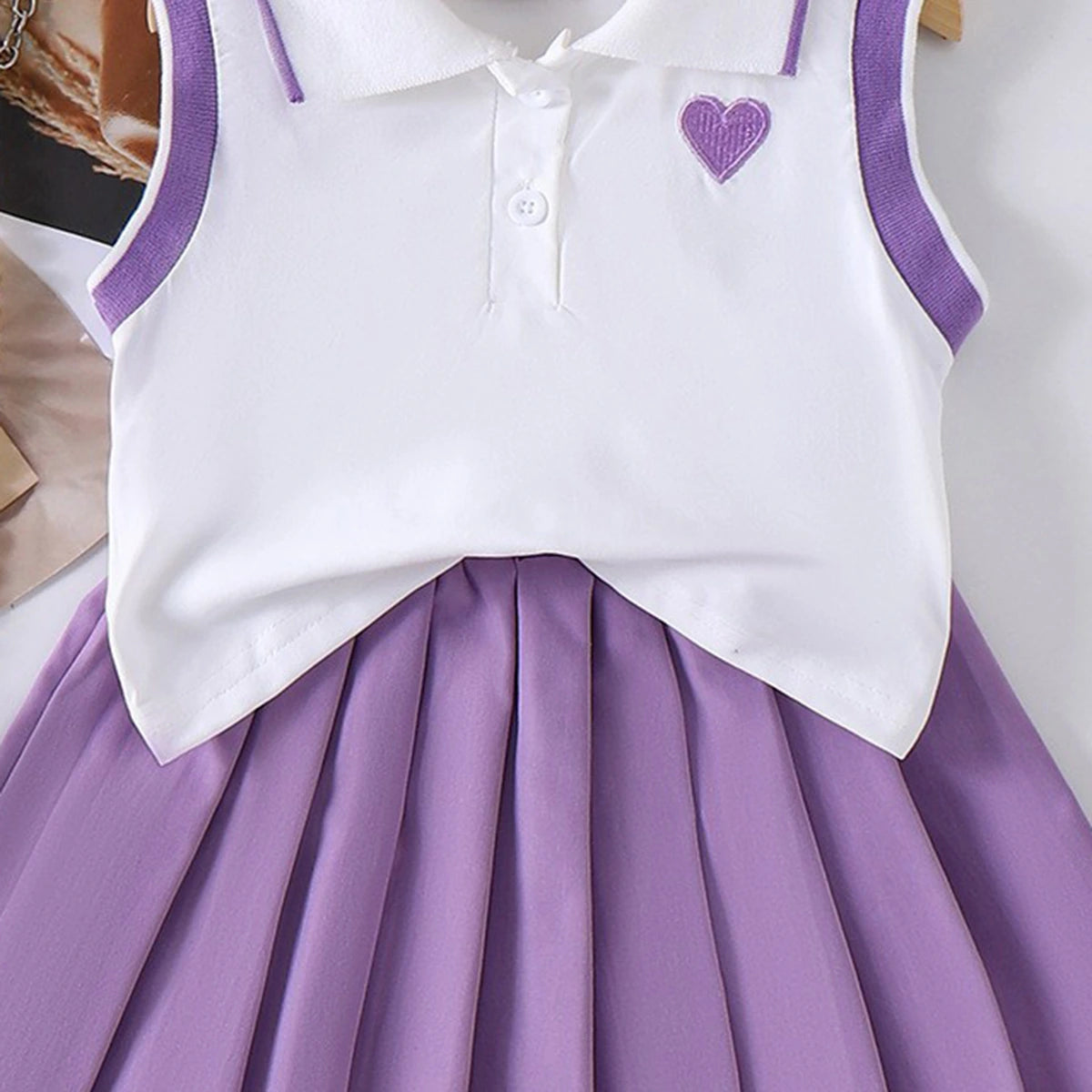 Girls Heart Embroidered Polo Top With Purple Pleated Skirt Sets 2 pc. Sets