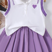 Girls Heart Embroidered Polo Top With Purple Pleated Skirt Sets 2 pc. Sets
