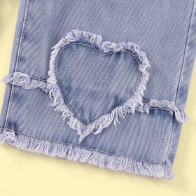 Girls Apricot Textured Long Sleeve Cardigan With Denim Pants Sets 2 pc. Sets