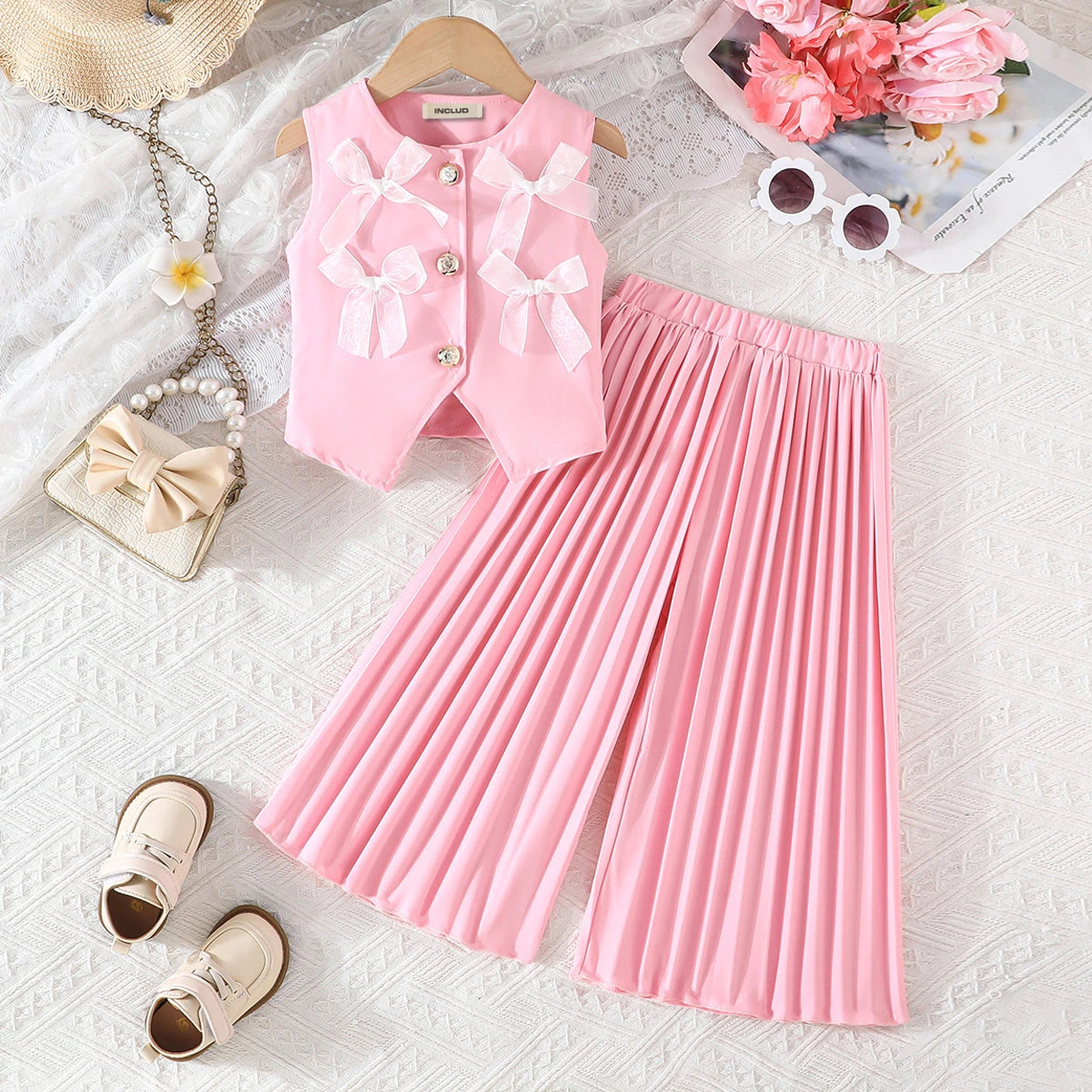 Girls Light Pink Bow Applique Sleeveless Top With Pleated Pants Co-ord Sets Sets Light Pink 2-3 Y