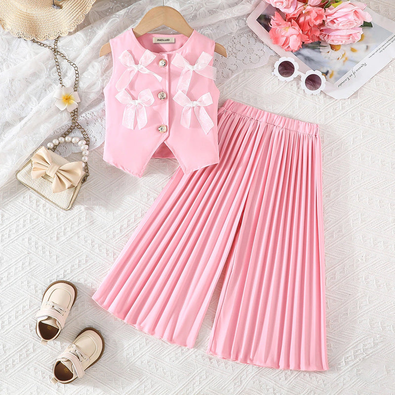 Girls Light Pink Bow Applique Sleeveless Top With Pleated Pants Co-ord Sets Sets Light Pink 2-3 Y